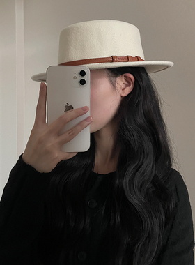 新款羊毛平顶礼帽女秋冬英伦复古平檐毡帽pu皮时尚法式牛仔帽子男