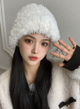 白色毛毛帽子女冬韩系保暖针织帽显脸小毛绒仿皮草毛线帽冬季ins