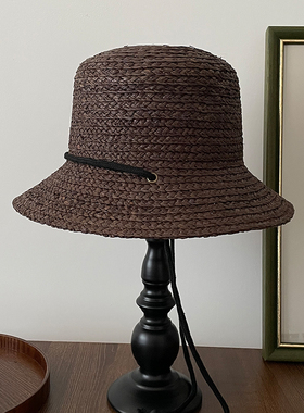 小众咖啡色草编渔夫帽女春夏季遮阳出游度假草帽绑绳盆帽韩系ins