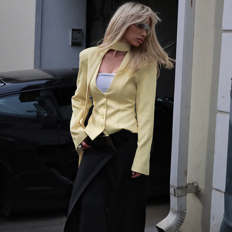 御姐挂脖飘带西装外套通勤上衣女