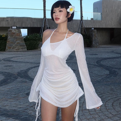 纯欲辣妹纯色斜肩抽绳包臀连衣裙