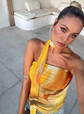 gusty夏日渲染日落黄潮酷拽姐挂脖上衣街头y2k辣妹飘带抹胸背心潮