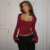 gusty辣妹风通勤百搭纯色喇叭袖 御姐正肩显瘦收腰上衣 内搭打底衫