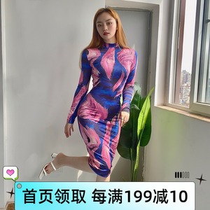 gusty英伦范个性不规则印花修身包臀裙 欧美知性大气轻奢连衣裙潮