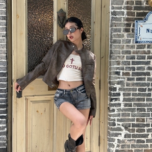 gusty美式 辣妹复古做旧环保皮衣2025秋冬朋克千禧风立领夹克外套