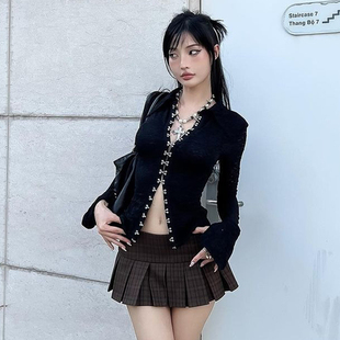 潮 gusty高街y2k辣妹时尚 钩扣设计V领衬衫 纯欲性感蕾丝修身 上衣女