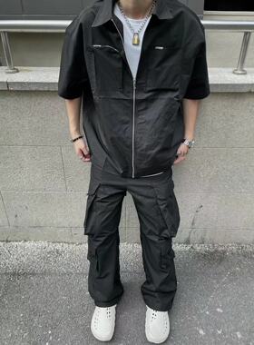 【WIDE VIBES】ALLINCLUB机能暗黑街头小众口袋拉链短袖衬衫vibe