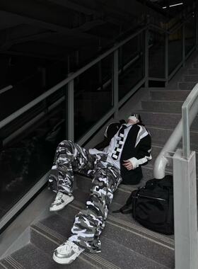 WIDE VIBES自主美式复古雪地迷彩直筒宽松拉链工装长裤男女同款