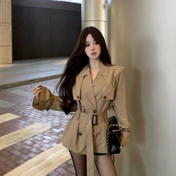 卡其色风衣外套女秋季2025新款长袖修身收腰双排扣中长款外搭上衣