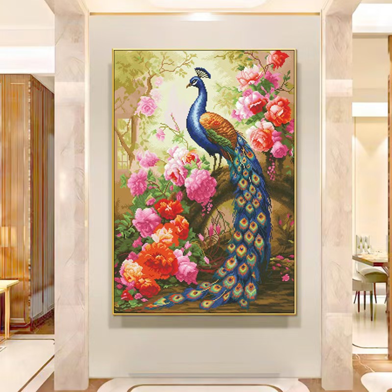 珠绣富贵孔雀开吉祥花牡丹富贵绣十字彩珠串绣圆珠子绣