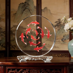 饰 内雕九鱼图桌面水晶摆件九鱼聚财客厅玄关乔迁开业送礼物家居装
