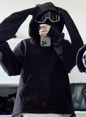 雪否黑色卫衣单板兔耳朵防水over size宽松加绒 透气室内滑雪服