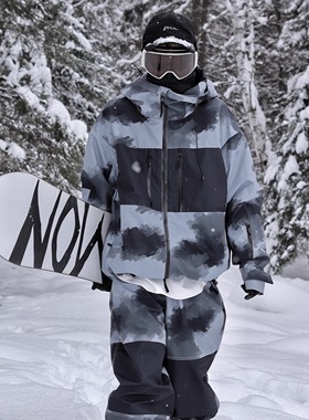 雪否灰色印花滑雪套装加绒防水防风宽松单板双板滑雪服套装男女