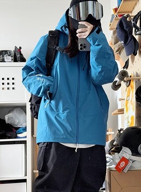 雪否蓝色3L防水防风耐磨滑雪外套男女oversize单板滑雪服加绒厚
