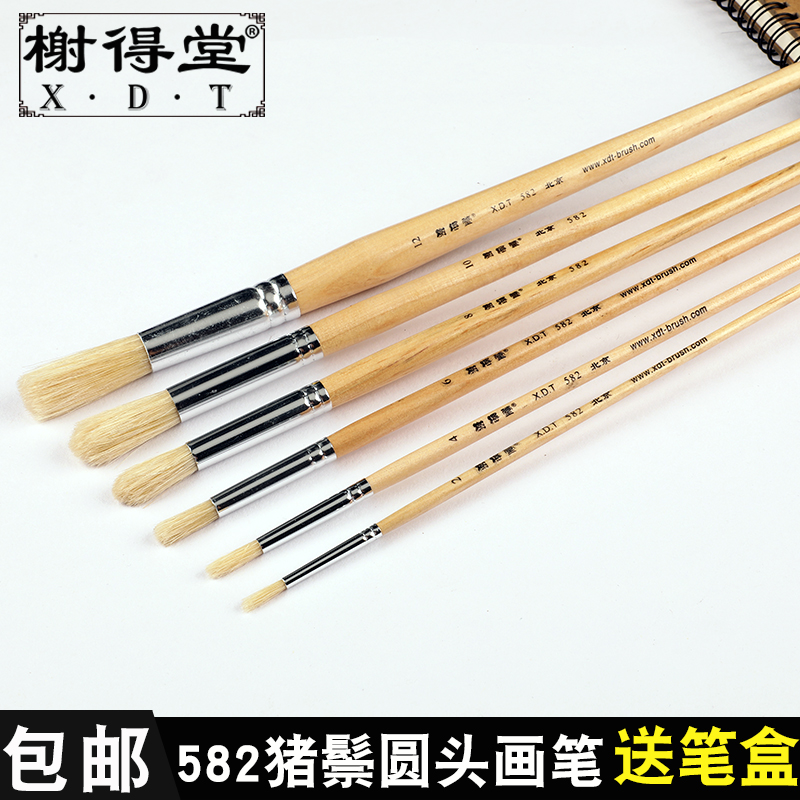 榭得堂582油画笔套装猪鬃粗硬毛圆头长杆猪鬃油画颜料笔水粉笔美术学生丙烯手绘画画笔套装成人美术初学者