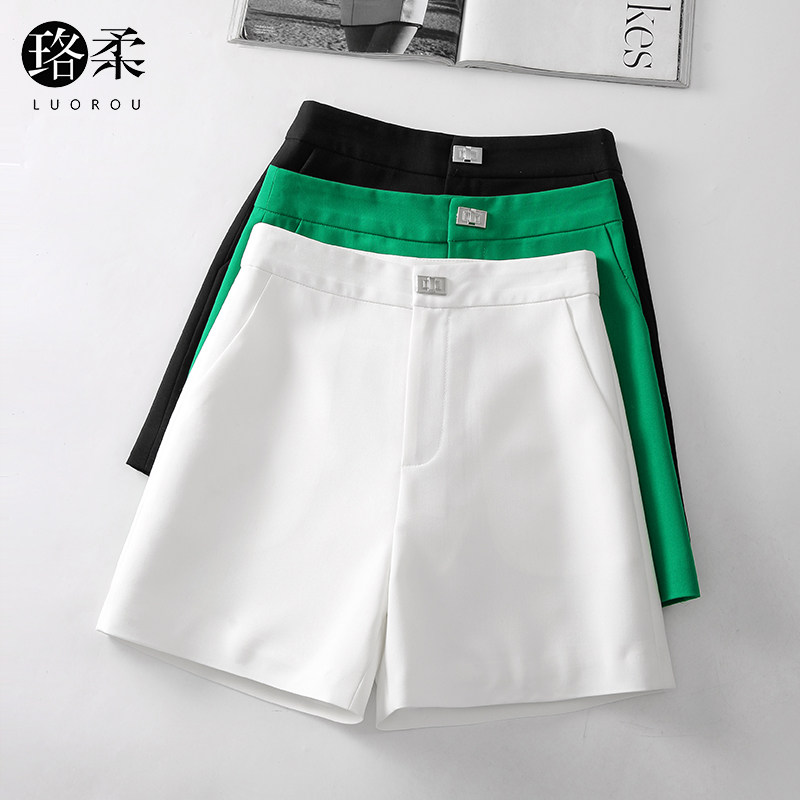 高腰绿色西装短裤女夏季2024新款百搭a字阔腿宽松四分白色休闲裤