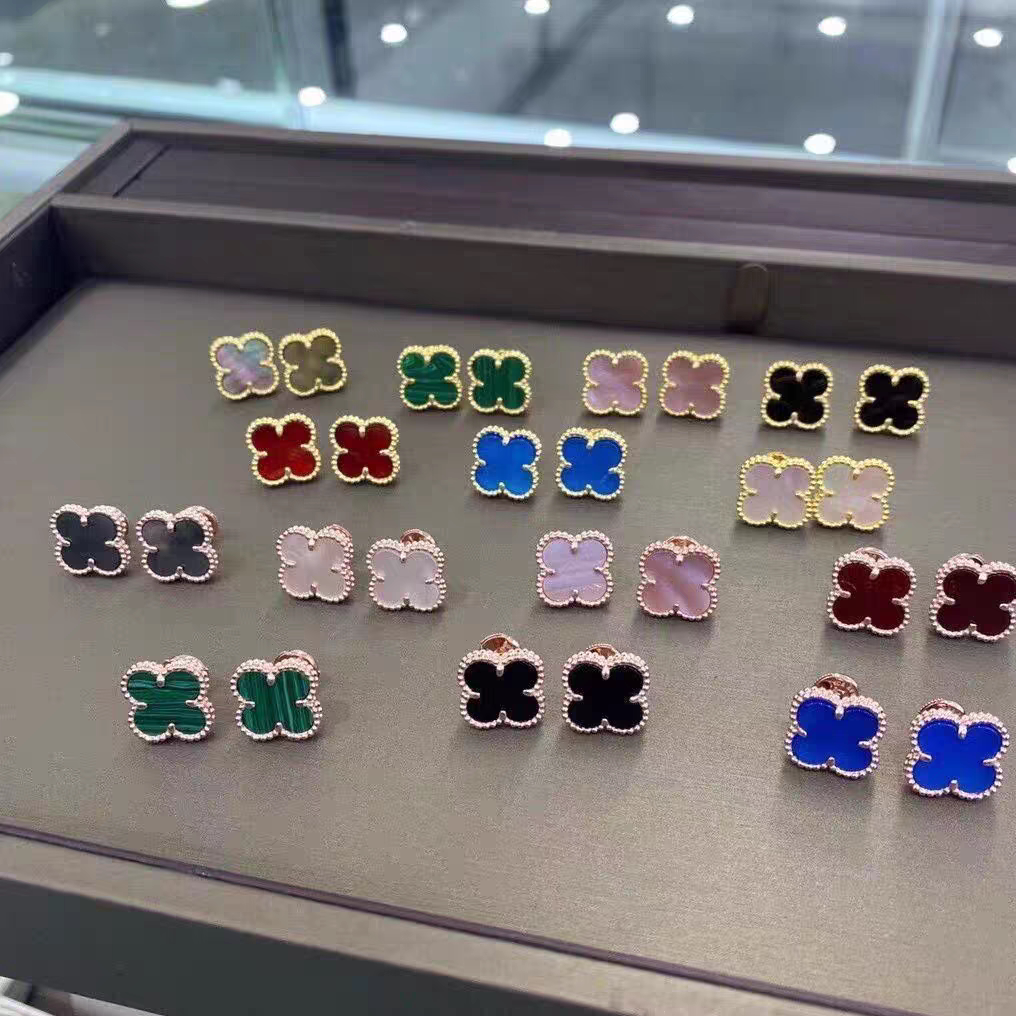 明星款四叶草耳钉女18k玫瑰金天然白贝母红玉髓耳环耳饰送女友