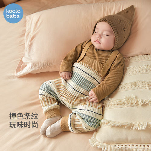 考拉鼻鼻[撞色条纹·纯棉针织背带裤]男女童时髦百搭连体裤子