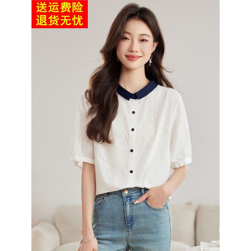 欧货爆款纯棉短袖衬衫女夏季2026新款时尚百搭上衣设计感别致衬衣