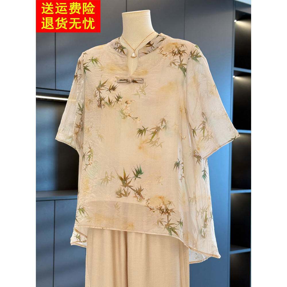新中式民族风格母亲服棉麻衬衫女式短袖夏装新上衣减龄气质中老年