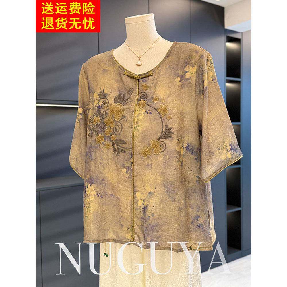 时尚休闲民族风妈妈服棉麻衬衫女式夏季新款上衣大码气质中老年衬