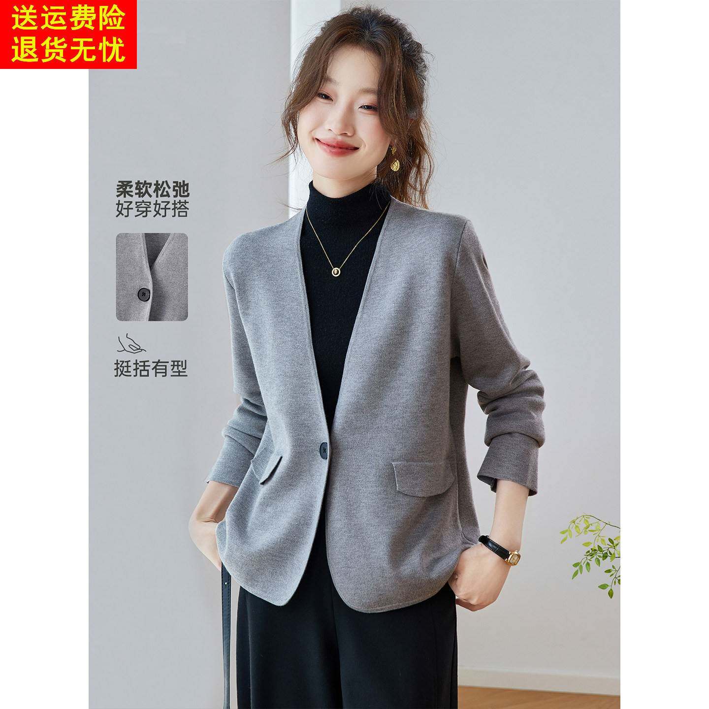 2026新款早春秋装高级感气质韩系宽松灰色西装短外套女便西小开衫