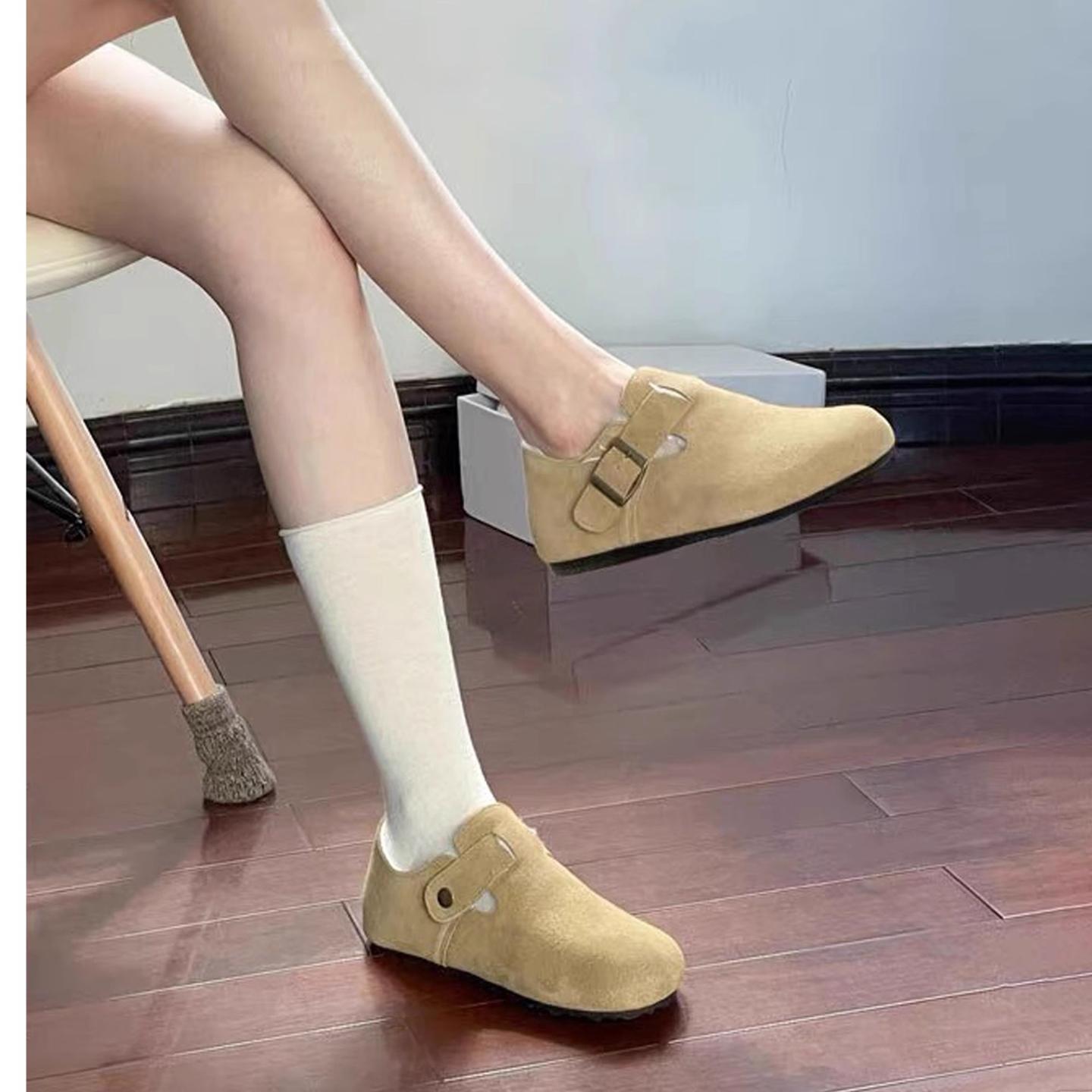 同款秋冬加绒保暖厚底真皮博肯大头单鞋毛毛勃肯鞋女