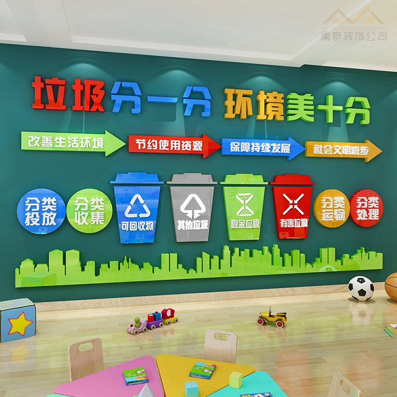 幼儿园环创主题墙贴垃圾分类贴纸亚克力3d立体教室文化墙装饰自粘