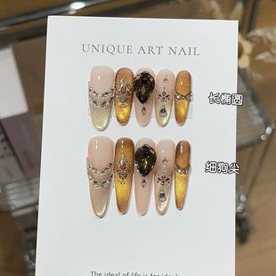 纯手工复古宫廷风爆闪焦糖色猫眼设计感碎钻高端轻奢细狗尖穿戴甲