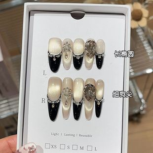 纯手工焦糖冻冻高级感爆闪香槟灰微笑猫眼K9堆钻轻奢细狗尖穿戴甲