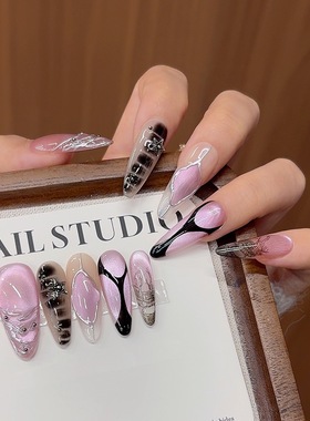 纯手工幻紫高级紫色猫眼长款线条鳄鱼纹酷辣甜辣设计感金属穿戴甲