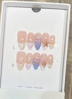 夏日海滩贝壳外贸欧美穿戴甲纯手作白色螺纹法式手绘雕花美甲片