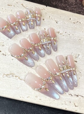 轻奢纯手工穿戴甲爆闪梦幻星空猫眼法式皇冠堆钻高级感美甲贴片