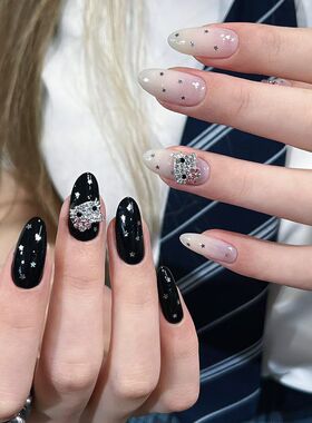 新品黑白KTAB款可爱ins风美甲漫天星金属碎钻Kitty猫穿戴甲纯手工