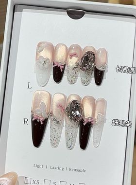 纯手工甜欲爆闪渐变粉金猫眼冰透细闪雕花堆钻蝴蝶结细狗尖穿戴甲