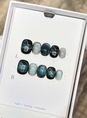 ins可爱短款豆豆甲手绘蝴蝶星河绿色玻璃珠猫眼美甲穿戴甲纯手工