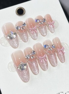 贝母爱心纯手工光疗穿戴甲螺纹贝壳法式爱心堆堆钻美甲贴可重复