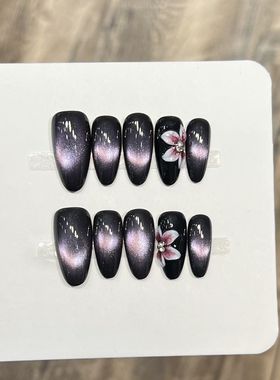 欧美辣妹黑色紫夜穿戴甲纯手作紫色玻璃猫眼立体雕花杏仁美甲