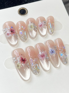 日常温柔一路生花纯手工光疗穿戴甲猫眼小花轻奢精品美甲贴穿戴甲