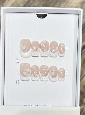 白月光温柔简约日常穿戴甲纯手作白色法式裸色雕花欧美跨境外贸甲