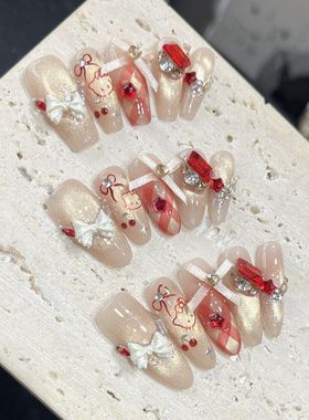 甜心Kitty的下午茶纯手工穿戴甲红色格纹猫眼个性显白KT猫穿戴甲