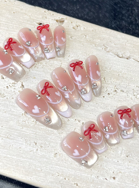 甜心少女纯手工光疗穿戴甲皮粉法式猫眼红色蝴蝶结轻奢高级美甲贴