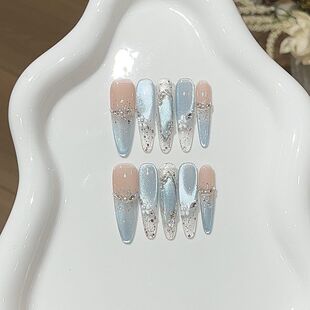 锦鲤之光夏日清冷千金风爆闪精灵梦幻蓝不规则猫眼冰透雕花穿戴甲