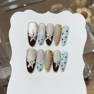 纯手工蓝椰许愿星秋日显白奶栗蓝法式 手绘星星豹纹猫眼辣妹穿戴甲