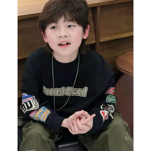 波拉bora儿童装秋季款男生女孩中大童青少年涂鸦街舞上衣长袖T恤
