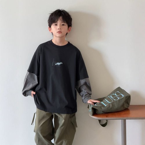 波拉bora男童假两件长袖T恤春秋款儿童秋装打底衫大男孩秋季卫衣
