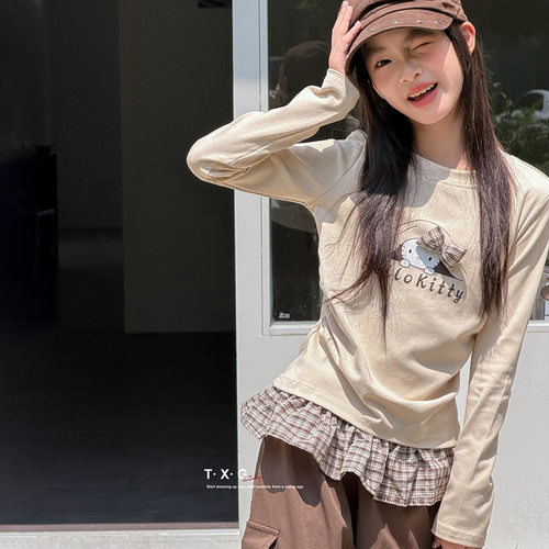 波拉bora童装冬季女童KT猫格子蝴蝶结贴布绣T恤咖色格子P帘裤子