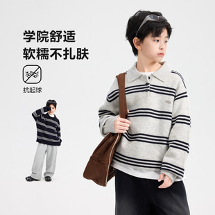 童装男童秋冬韩范条纹polo领保暖毛衣波拉儿童加厚针织半开衫线衣
