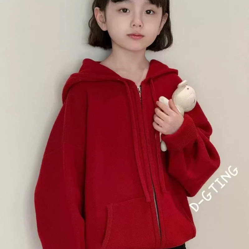 波拉韩国男女孩儿童装亲子冬红色年装款连帽羊毛绒衫毛衣外套开衫