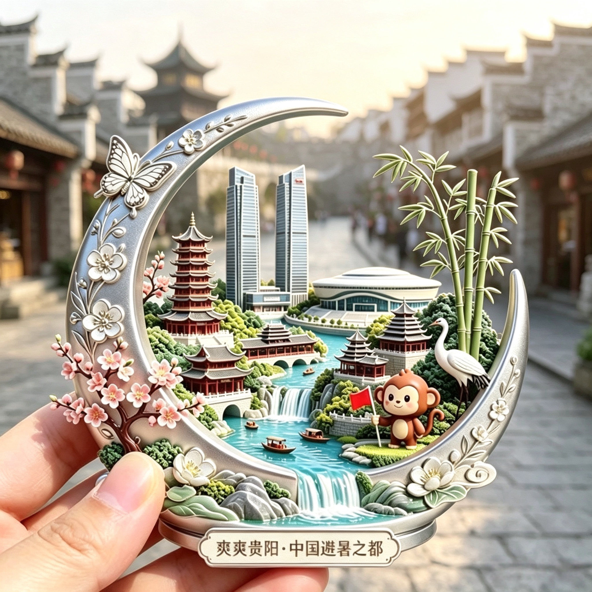 贵阳文创月牙金属冰箱贴双子塔微缩山水浮雕磁贴贵州旅行伴手礼